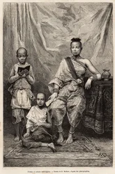 Kambodschanische Frau und Kinder, Gravur nach einer Zeichnung von D. Maillart, zur Illustration der Reise nach Cochinchina, von Dr. Morice, 1872, veröffentlicht in „Le tour du monde“ 1875, herausgegeben von Edouard Charton, Hachette-Ausgabe, Paris. Selva-S