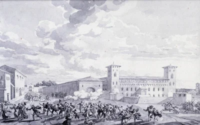 Italienfeldzug: Ansicht des Aufstands der Stadt Paris gegen die französische Besatzung im Mai 1796. Anonyme Zeichnung. Paris, Louvre Museum