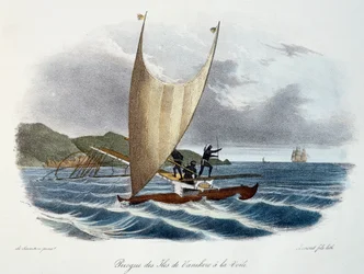 Kanu mit Segel von den Vanikoro-Inseln, Salomonen (Archipel), Farbgravur aus der Entdeckungsreise der Astrolabe, durchgeführt im Auftrag des Königs, in den Jahren 1826-1829, von Jules-Sebastien-Cesar Dumont d