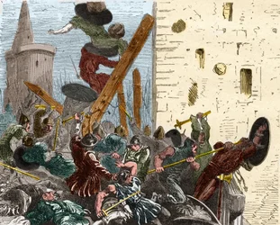 Eroberung von Carcassonne während des Kreuzzugs gegen die Albigenser im August 1209. Gravur in "Histoire De France En Cent Tableaux" von Paul Lehugeur, 1891