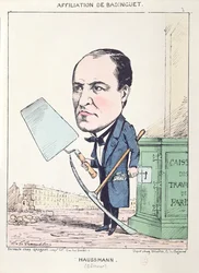 Karikatur des Barons Georges-Eugène Haussmann (1809-91) als Bauarbeiter, um 1870