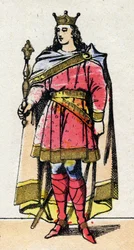 Karolingische Dynastie: Porträt von Ludwig V genannt der Faule (967-987), König der Franken von 986 bis 987. Epinal-Bild aus dem späten 19. Jahrhundert. Private Sammlung