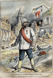 Karikatur über Kommandant Jean-Baptiste (Jean Baptiste) Marchand (1863-1934) in Toulon, Rückkehr von einer Erkundungsmission (1896-1899) in Afrika. Gravur in „Le Pelerin“ 4/06/1899.