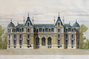 Schloss Neuflize der Gebrüder Pate, Gartenfassade, Illustration aus Le Moniteur des architectes, 1884, graviert von F. Penel