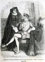 Catherine de Medici (Caterina de Medici) entreißt ihrem Sohn (Karl IX.) den Befehl, das Signal zum Massaker der Bartholomäusnacht 1572 zu geben - in „Histoire de France“ von L.-P. Anquetil