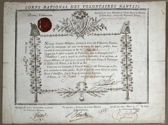 Aufnahmeurkunde für die Nationalgarde der Freiwilligen von Nantes, 1789