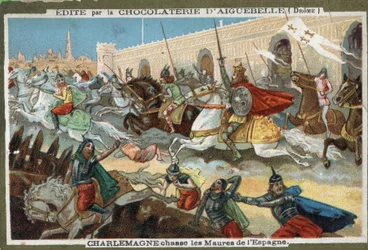 Karl der Große (742-814) vertreibt die Mauren aus Spanien. Chromolithografie aus dem 19. Jahrhundert.