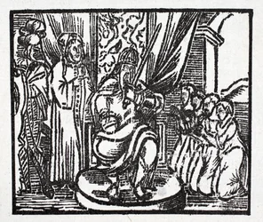 Karl der Große schlägt die Ritter Reynauld, Guichard, Alard und Richardet, Söhne des Herzogs von Aymon, zu Rittern