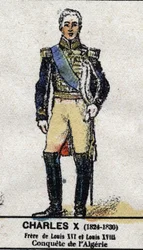 Karl X. (1757-1836), König von Frankreich. In „Galerie der Könige und Königinnen von Frankreich und berühmter Persönlichkeiten von 1643 bis 1895“ Bild von Epinal.