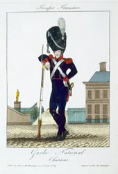 Jäger der Nationalgarde, aus Troupes Francaises, veröffentlicht bei Basset, Paris, um 1790