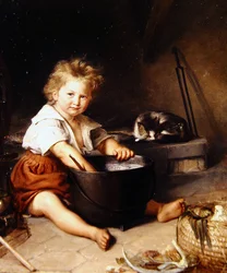 Kind mit Katze im Innenraum