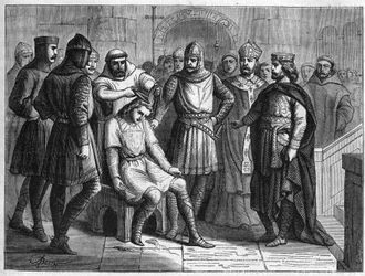 Childerich III., der letzte merowingische König, wurde von Pippin dem Jüngeren, dem König der Franken, entthront und 751 im Kloster Sithiu bei Saint-Omer eingesperrt. Kupferstecher des 19. Jahrhunderts.