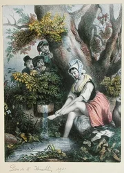 Kinder, die ein junges Mädchen beim Füßewaschen in einem Bach beobachten, ca. 1840