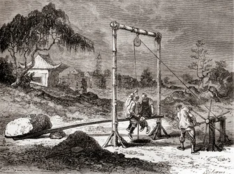 Chinesische Arbeiter im 19. Jahrhundert beim Graben eines Brunnens zur Gewinnung von Salzwasser, aus 