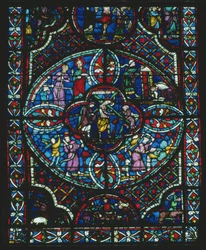 Christus trägt das Kreuz, Detail aus einem Lanzettfenster, das das Jüngste Gericht darstellt