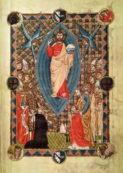 Christus in Majestät mit Heiligen, aus dem Pontifikale von Bischof Pierre de la Jugie, 1350