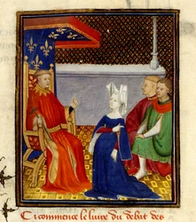 Christine spricht zu Louis d’Orléans, MS Harley 4431, f.58v, Frankreich, ca. 1410-14