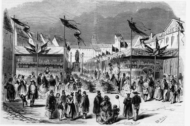 Weihnachtsfest im Elsass: der Weihnachtsmarkt (des kleinen Jesus) in Straßburg im Jahr 1857. Gravur in „Le Monde Illustré“ Nr. 38 vom 2. Januar.