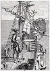 Christoph Kolumbus auf seinem Wagen, Illustration Entdeckung der Erde von Jules Verne, ed. Hetzel, 19. Jahrhundert