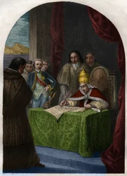 Clemens XIV. (Clemente oder Clemens) (1705-1774) hebt am 21. Juli 1773 den Jesuitenorden auf. Stich von 1842 in "Histoire des popes: crimes, murders, poisonings, parricides, adulteres, incest..." von Maurice Lachatre. Privatsammlung.