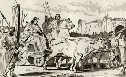 Clovis III (682-95) in einem von Ochsen gezogenen Wagen, mit Pepin II von Herstal (ca. 714) an seiner Seite, aus 