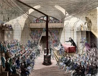 Jakobinerklub - Paris, Rue Neuve-Saint-Honoré 1789 - Ansicht des Jakobinerklubs. Ehemaliges Kloster des Dominikanerordens - Eine Sitzung im Jakobinerklub während der Revolution von 1789 - Stich von 1844 - Französische Revolution. Eine Sitzung bei den