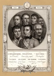 Koalitionsmilitärkommandanten der Napoleonischen Kriege: Fabian Gottlieb von der Osten-Sacken, russischer General der Infanterie; Matvei Platov, russischer General der Don-Kosaken; Karl Philipp von Wrede, bayerischer General; Francisco Javier Castaños, spa