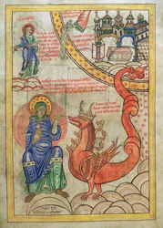Cod. Guelf. 1 Gud. lat. (14v), Die Hure Babylon, Mutter der Gräuel, begegnet dem Tier der Apokalypse, aus dem Liber Floridus von Lambert von Saint-Omer, um 1120