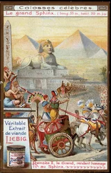 Berühmter Koloss: die Große Sphinx (Länge 55m, Höhe 20m): Ramses II., der Große, huldigt der Sphinx - Liebig Chromolithographie