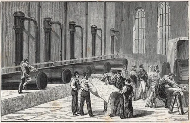 Kompressorapparat mit Druckluft für den Bau des Mont-Cenis-Tunnels nach Vorschlag von Jean Daniel (Jean-Daniel) Colladon - Gravur in „Sciences brought to the graces of all - physics and chemistry“ von Alexis Clerc - Ende des 19. Jahrhunderts - Pr