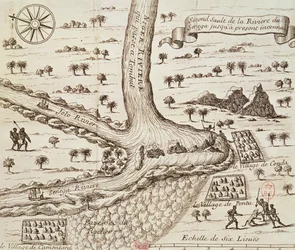 Zusammenfluss des Schwarzen, des Joto und des Senegal, Illustration aus „Entdeckung Afrikas“ von Jean-Baptiste Gaby, veröffentlicht von Edme Couterot, Paris 1689