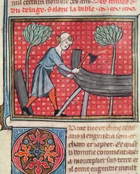 Bau eines Bootes, aus der Bible Historiale von Guiart des Moulins