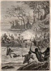 Reise von Philip Carteret auf die Inseln von Santa Cruz, insbesondere zur Insel Nendo (1767) - Illustration aus „Die großen Seefahrer des 18. Jahrhunderts“