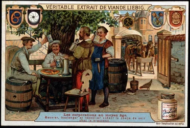 Zünfte im Mittelalter: Müller, Bäcker und Küfer leeren den Abendkrug im Haus des Brauers