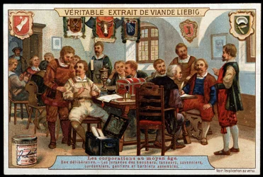 Zünfte im Mittelalter: eine Beratung der Juranden der Metzger, Gerber, Seifensieder, Schuhmacher, Handschuhmacher und versammelten Barbiere