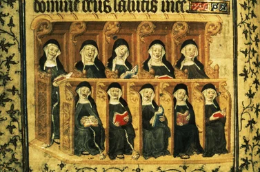 Cott Dom A XVII f.74v Nonnen in einem Chorgestühl, aus dem Psalter von Heinrich VI., Paris
