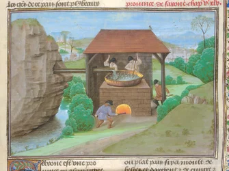 Salzschuppen mit Pfanne und Ofen, Illustration aus 