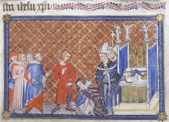 Cotton Tiberius B VIII f.48v, Philipp der Kühne, Herzog von Burgund, legt König Karl V. die Sporen an, Illustration aus dem „Buch des Meisters der Krönung“