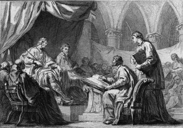Konzil von Orléans, 511: Chlodwig I. (466-511), König der Franken, nimmt am Konzil teil, das die Zusammenarbeit zwischen den Königen Frankreichs und der katholischen Kirche etablierte. Gravur des 18. Jahrhunderts.