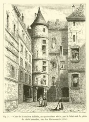 Hof des Hauses, bewohnt im vierzehnten Jahrhundert, vom Hersteller menschlicher Fleischpasteten, Rue des Marmousets, 1850