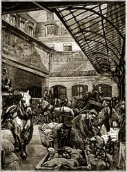 Hof für den Umschlag von Postsäcken im Hotel des Postes in Paris Mitte des 19. Jahrhunderts