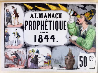 Titelblatt eines prophetischen Almanachs, der Nostradamus (1503-66) darstellt, 1844