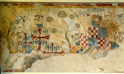 Kreuzzug: Abreise der Ritter zum Kreuzzug: Darstellung von St. Georg und Hugo I. von Vermandois (1057-1102) oder Hugo XII. von Lusignan. Detail (Fresko von Saint Jacques de Gueret)