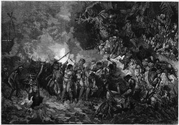 Brauch von Neukaledonien: Pilou Pilou (Pilou-pilou), traditioneller Kanak-Tanz. Gravur in „Le Monde Illustré“ Nr. 772 vom 27. Januar 1872