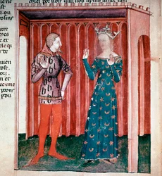 Zyklus von König Artus: Ritter Lancelot du Lac und Königin Guinevere. Miniatur aus dem Manuskript „La quête du saint graal“ (ms. fr 343 fol. 6) 1380-1385, Paris, B.N.