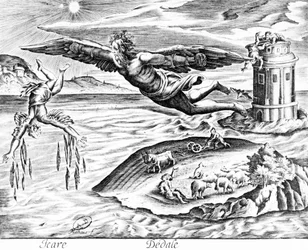 Daedalus, der mit seinem Sohn Ikarus aus Kreta flieht, sieht ihn zu seinem Tod stürzen, 1619