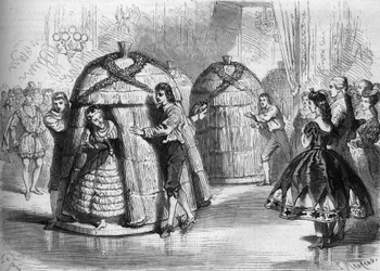 Tanzvorführung beim Kostümball der Kaiserin Eugenie de Montijo: „Die Ankunft der Bienenstöcke“. Vier Bienentänzerinnen kommen aus den Bienenstöcken. Gravur in „Le Monde Illustré“ Nr. 305 vom 14. Februar 1863