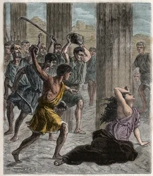 Der Tod Hypatias - Hypatia (um 370-415), Mathematikerin und Philosophin (Neuplatonikerin), von Anhängern Kyrills, des Patriarchen von Alexandria, ermordet - Der Tod Hypatias (Hypathy) - Stich in 