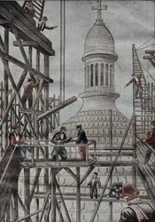 Demonstration des Gerüsts zur Enthüllung des Endes des Baus der Kuppel der Basilika von Montmartre. Gravur in „Le Pelerin“ 17/12/1899
