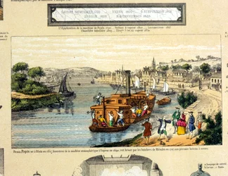 Denis Papin (1647-1712) beobachtet, wie sein Raddampfer 1707 von den Bootsmännern von Muenden zerstört wird